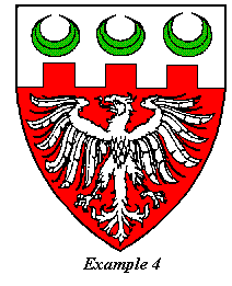 [Example 4: Green crescents on a silver
chief, and a silver eagle, on a red field.]