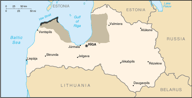A map showing the area where Livonian was spoken in Latvia.